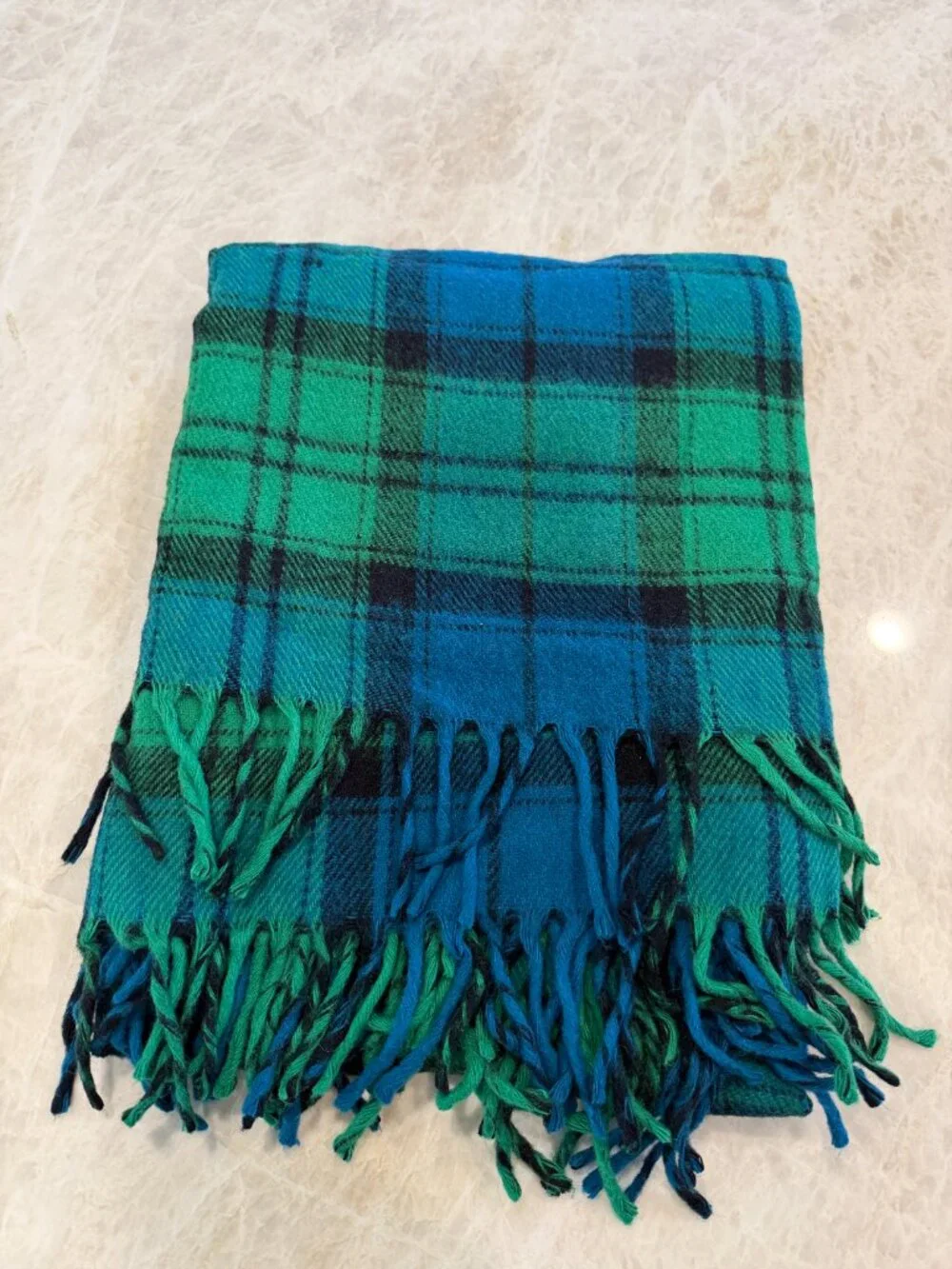 Vintage Faribo Black Watch Plaid Wool Blend Throw Blanket Fringe 70x52 USA
